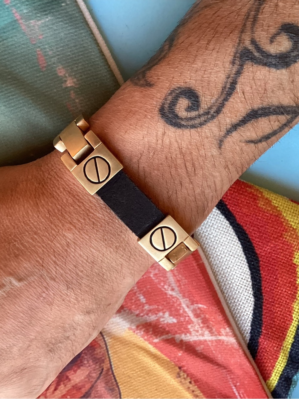 Gold-Tone Black faux leather Bracelet with Screw Accent